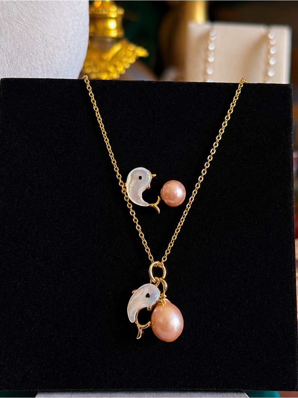 18K Gold Dolphin Pearl Pendant Necklace Ring Set in Champagne